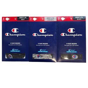 Champion 9 Adult Face Masks 3 Boxes Of‎ 3 Black, Navy, Concrete L/XL Reusable